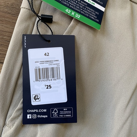 Chaps Golf Men's 42x32 Khaki Beige Slim Fit Stretch Waistband Chino Pants NWT - Picture 7 of 9